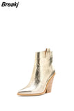 Gold Snake Print Ankle Boots For Women Wedge High Heels Boots Woman Runway Design Chunky Heels Botas Mujer Western