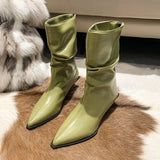Thin Med Heels Ankle Boots Women Winter Shoes Brand Pleated Pointed Toe Short Boots Designer PU Leather Botas Mujer