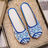 Breakj Round Head Embroidered Cloth Shoes Beef Tendon Bottom Flat Bottom Soft Bottom Canvas Slippers Female Ethnic Wind Blue And White