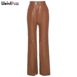 Fashion Y2K Faux Leather Pants Women Straight Pockets Summer Elegant High Waist Trousers Office Lady Slim Vintage