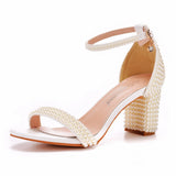 Breakj Cm Thick Heeled Shallow Word With Sandals Round Head Square Thick Heel Sandals White Pearl Sandals Wedding