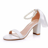 Breakj Cm Thick Heeled Light Mouth With Sandals Round Head Beads Tied With High Heel Sandals White Wedding Shoes