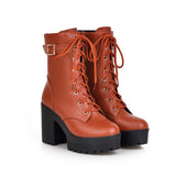Breakj Autumn And Winter Short Boots Pu Korean Version Of The Round Head Waterproof Table High Coarse Tying Buckle Lady Large Size Short
