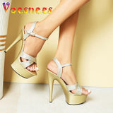 Cross Strap Sexy High Heels Women's Bling Glitter Wedding Bridal Shoes Summer 15CM Party Sandals 5CM Waterproof
