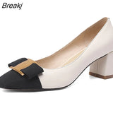 High Heel Women Shoes Square Head Single Shoes Thick Heel Bow Metal Decoration Simple Stitching Leather
