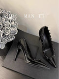 Breakj Spring And Summer New Rivet Tip High Heel Female Fine Leather Black Patent Leather OL Nightclub Ultra-High Heel Single
