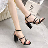 Summer Ladies Sandals 2023 New White High Heel Sandals Square Toe Ankle Strap Elegant Dress Women Chunky Heel