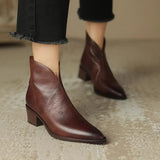 Breakj New Pointed Brown Vintage Martens Women's British Style V Mouth Ankle Boots Women's Thick Heel Short