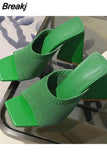 New Summer Triangle Thick Heel Slippers Women Sexy Square Toe Dress Party Shoes High Heels Knitting Pumps Size