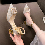 Square Buckle High Heels Women Spring 2023 New Korean Version Fashion Pointed Thick With Shallow Mouth Empty Single Shoes