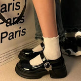High Heel Mary Jane Shoes Female 2024 New Retro One-Word Button Versatile Bow Thick Outsole Thick Heel Small Leather