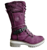 Medium-Sized Women's Boots 2024 Winter New Round Head Square Heel Leather Buckle Wool Spliced Martin