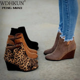Toe Booties Winter Women Leopard Ankle Boots Footwear Platform High Heels Wedges Shoes Woman Bota