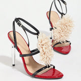 Breakj For The New Round Head Plating Fine High-Heeled Sandals Women's High Heel Lace Shiny Floral