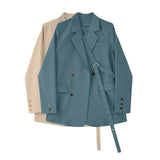 Spring New Arrival Office Ladies Vintage Solid Blue Khaki Blazer Women Elegant Double Breasted Loose Fashion Suit