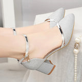 Women Classic Pointed Toe High Quality Black Leather Buckle Strap Square Heel Shoes Lady Office Pumps Sapatos Femininas