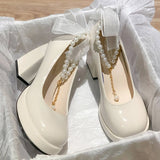 Breakj French Pearl Fairy Wind Bow Bow Thick-Soled Waterproof Table Mary Jane Heel Women's Coarse Heel Single Shoes Bridesmaid