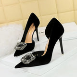 Breakj Banquet High Heels With Thick Suede Tip Side Hollow Out Metal Diamond Buckle Super High