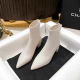 Net Red Slim Boots Women's Thick Heel Solid Pointed Head Autumn and Winter Zipper Versatile Leather Nude Boots