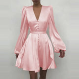 New Women Sexy V Neck Letters Print Fashion Short Dresses Casual Satin Slim Lantern Sleeves Zipper Elegant Party