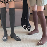 2023 Autumn Women Cozy Knitting Stretch Fabric Socks Boots Crystal Buckle Casual Flat With Thigh High Over The Knee