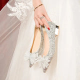 Butterfly-knot Flat Wedding Shoes Slip Shoes Women Shiny Gold Silver Bridal Shoes Beaded Flat Heels Med
