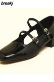 Size 34-39 Women Pumps Genuine Leather Rome Buckle Strap High Heels Shoes For Women Red Chunky Heel Goth Ladies