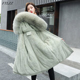 Large Fur Collar Hooded Jacket Winter Coat Women Thickness Cotton Padded Overcoat -30 Degree Snow Outwear Fur Lining