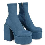 New Square Toe Thick Heel High Heel Waterproof Platform Elastic Thin Boots Large Size Catwalk Short Tube Women's