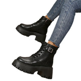 Breakj Front With Side Zippered Women's Boots Thick-Bottomed Belt Buckle Fashion Women's Boots Low-Clinular Round Head Black Martin
