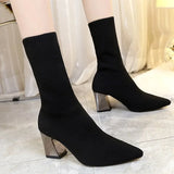 New Women Stretch Sock Boots Chunky Block Heels High Heels Spring Autumn Sexy High-Heeled Boots Pointed Womens