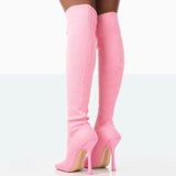 Knitted elastic Knee High Boots Square head Toe Stiletto Heel Slip On Boots Women Winter Shoes Party Dress Sexy