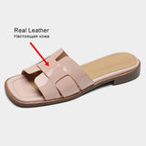 Size 33-43 Women Real Leather Sandals For Casual Low Heels Summer Shoes Women Slippers 2023 Fashion Mules Home