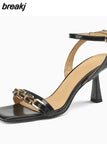 Size 34-40 Women Sandals Real Leather Fashion Chain High Heels Summer Shoes For Women 2023 Elegant Chunky