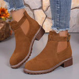 Breakj And Winter New Large-Size Women Thick-Bottomed Boots Belt Buckle Decorated Round Head Short Boots