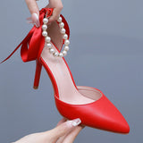 Breakj Cm Red Fine Heel Finger Beads Tied With Sandals Bride Wedding Dress Dress Long Dress Shoes Large Wedding