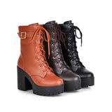 Breakj Autumn And Winter Short Boots Pu Korean Version Of The Round Head Waterproof Table High Coarse Tying Buckle Lady Large Size Short