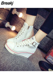 New Spring Summer Classic Wedges Shoes High Top Pumps with Zipper Canvas Shoes Women Casual Height Increasing Platform