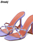 Strap Rhinestone Flower Sandals Ladies Runway Slippers Summer Sexy Designer High Heel Mules Shoes Women Party Dress