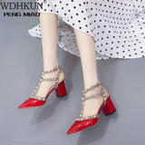 Shoes 21 Summer Sandals Pointed Patent Leather Rivet Buckle Sandals Thick with Heel Wild Thin Ladies Shoes and