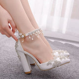 Breakj White Pointed Crystal Wedding Shoes Coarse Heel Ultra-High Heel Bridal Shoes Buckle Tuxedo Water Drill Women