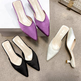 Half Support Shoes Women 2023 Summer New Large Size Tip Thin Heel Shallow Cloth Mueller Shoes Middle Heel