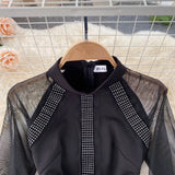 Women Black See Through Mesh Long Sleeve Mini Dress Stand Collar Rhinestone Decoration High Waist Elegant Lady Club Party
