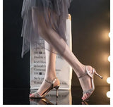 New Summer Women Sandals Square Toe Rhinestone Crystal Narrow Band Ankle Buckle Strap Gladiator Sandals Elegant Wedding