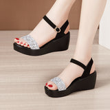 Heel Sandals Women's 2023 Summer New Muffin Thick Bottom Waterproof Table With One-Word Buckle Sequins And Large-Size