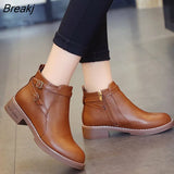 Fashion European Style Black Ankle Boots Flats Round Toe Back Zip Boots PU Leather Woman Shoes With