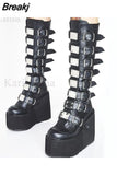 Design Gothic Style INS Hot Sale Great Quality Fashion Motorcycle Boots Big Size 34-50 Wedges Buckles Platform