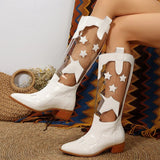 Transparent Knee High Boots Women Pointed Toe Chunky Heels Cowbot Boots Woman Patent Leather Patchwork Long Botas