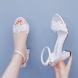 Breakj Cm White Lace Flower Nail Beads Bride Coarse Heel Sandals Shallow Word With Fish Mouth High Heel Square Roots