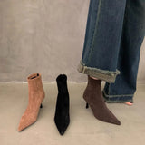 Breakj Temperament Autumn And Winter Pointed Elastic Boots Female New Net Red Thin Suede Fashion Commuter Ankle Boots Heel Ankle